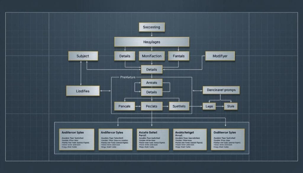 Intricate, architectural schematic of an AI prompt structure for the TV series Succession, rendered in a clean, technical style. In the foreground, a grid-like layout of key prompt components - subject, details, modifiers, style. In the middle ground, a series of nested boxes and flow diagrams illustrating the hierarchical, layered nature of effective prompts. In the background, a subtle grid pattern and wireframe elements convey a sense of digital, computational structure. Muted tones of gray, blue, and silver, with highlights of gold to denote importance. Crisp, high-contrast lines and edges, as if drafted by an engineer. Overall, a precise, analytical visualization of the core framework for crafting Succession-inspired images using AI.