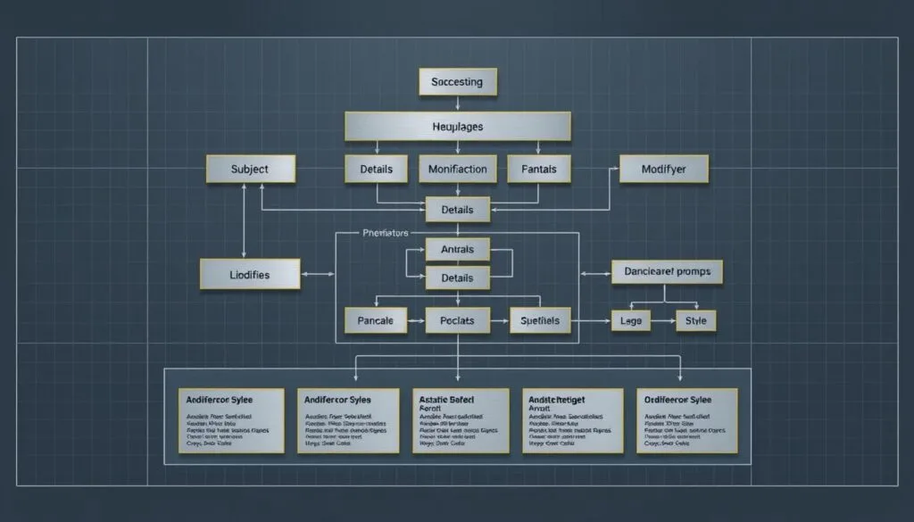 Intricate, architectural schematic of an AI prompt structure for the TV series Succession, rendered in a clean, technical style. In the foreground, a grid-like layout of key prompt components - subject, details, modifiers, style. In the middle ground, a series of nested boxes and flow diagrams illustrating the hierarchical, layered nature of effective prompts. In the background, a subtle grid pattern and wireframe elements convey a sense of digital, computational structure. Muted tones of gray, blue, and silver, with highlights of gold to denote importance. Crisp, high-contrast lines and edges, as if drafted by an engineer. Overall, a precise, analytical visualization of the core framework for crafting Succession-inspired images using AI. Intricate, architectural schematic of an AI prompt structure for the TV series Succession, rendered in a clean, technical style. In the foreground, a grid-like layout of key prompt components - subject, details, modifiers, style. In the middle ground, a series of nested boxes and flow diagrams illustrating the hierarchical, layered nature of effective prompts. In the background, a subtle grid pattern and wireframe elements convey a sense of digital, computational structure. Muted tones of gray, blue, and silver, with highlights of gold to denote importance. Crisp, high-contrast lines and edges, as if drafted by an engineer. Overall, a precise, analytical visualization of the core framework for crafting Succession-inspired images using AI.