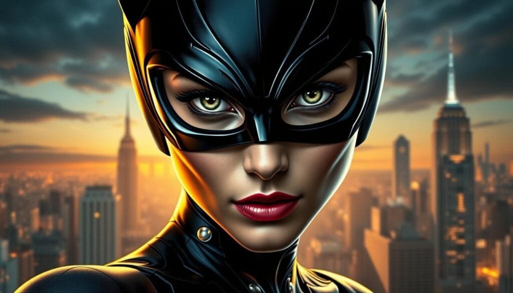 Intricate digital art portrait of Catwoman, a captivating feline-inspired superheroine. In the foreground, a striking close-up of Catwoman's face, her piercing green eyes framed by a sleek black mask. Delicate feline features, a sharp, chiseled jawline, and sensual, full lips convey a captivating blend of grace and power. The middle ground showcases Catwoman's iconic leather suit, highlighted by shimmering highlights and deep shadows, emphasizing her lithe, agile form. In the background, a moody, dramatic cityscape with towering skyscrapers and a dusk-tinged sky, setting the scene for Catwoman's nocturnal prowess. Vibrant, cinematic lighting casts a warm, golden glow, evoking a sense of mystery and allure. The overall composition exudes a captivating fusion of feline elegance and superhuman prowess.
