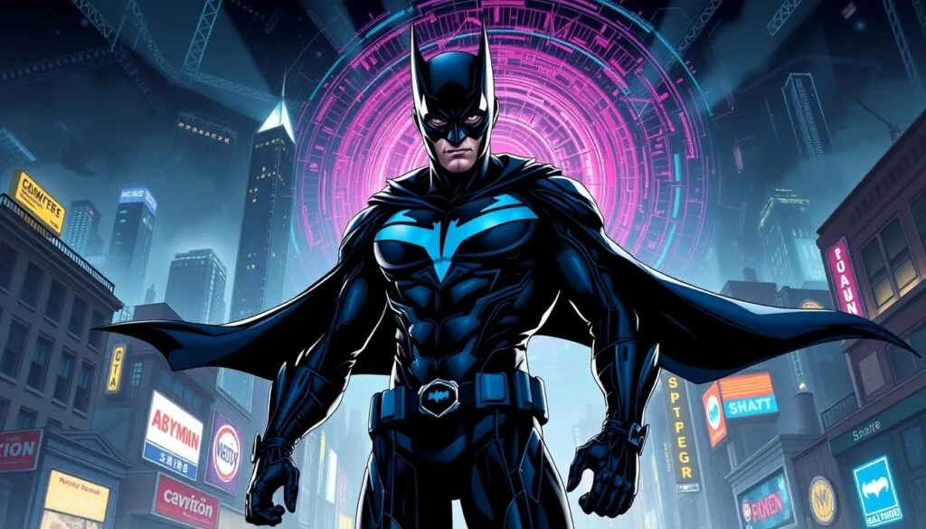 Intricate illustration of Nightwing, the masked vigilante of Blüdhaven, showcasing an optimized AI prompt. In the foreground, Nightwing stands tall, his iconic blue and black suit gleaming under dramatic lighting, cape billowing behind him. The middle ground features a dynamic cityscape, with skyscrapers, neon signs, and gritty alleyways, all rendered in a cinematic, high-contrast style. In the background, a swirling vortex of data streams and algorithms symbolizes the power of AI-driven image generation. The overall mood is one of strategic precision, technological prowess, and the relentless pursuit of justice.