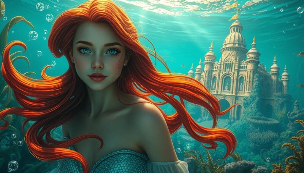 Intricate oceanic scene, featuring a captivating mermaid protagonist, rendered with advanced AI techniques. In the foreground, the mermaid's flowing auburn hair and enchanting features take center stage, captured in vivid detail. The middle ground showcases a vibrant underwater world, with swaying kelp, schools of tropical fish, and shimmering bubbles. In the background, a majestic palace of coral and pearl rises from the depths, its intricate architecture reflecting the mermaid's regal poise. Warm, diffused lighting filters through the water, creating a dreamlike, ethereal atmosphere. The entire composition is imbued with a sense of magic and wonder, perfectly encapsulating the essence of the iconic "Little Mermaid" tale. Intricate oceanic scene, featuring a captivating mermaid protagonist, rendered with advanced AI techniques. In the foreground, the mermaid's flowing auburn hair and enchanting features take center stage, captured in vivid detail. The middle ground showcases a vibrant underwater world, with swaying kelp, schools of tropical fish, and shimmering bubbles. In the background, a majestic palace of coral and pearl rises from the depths, its intricate architecture reflecting the mermaid's regal poise. Warm, diffused lighting filters through the water, creating a dreamlike, ethereal atmosphere. The entire composition is imbued with a sense of magic and wonder, perfectly encapsulating the essence of the iconic "Little Mermaid" tale.