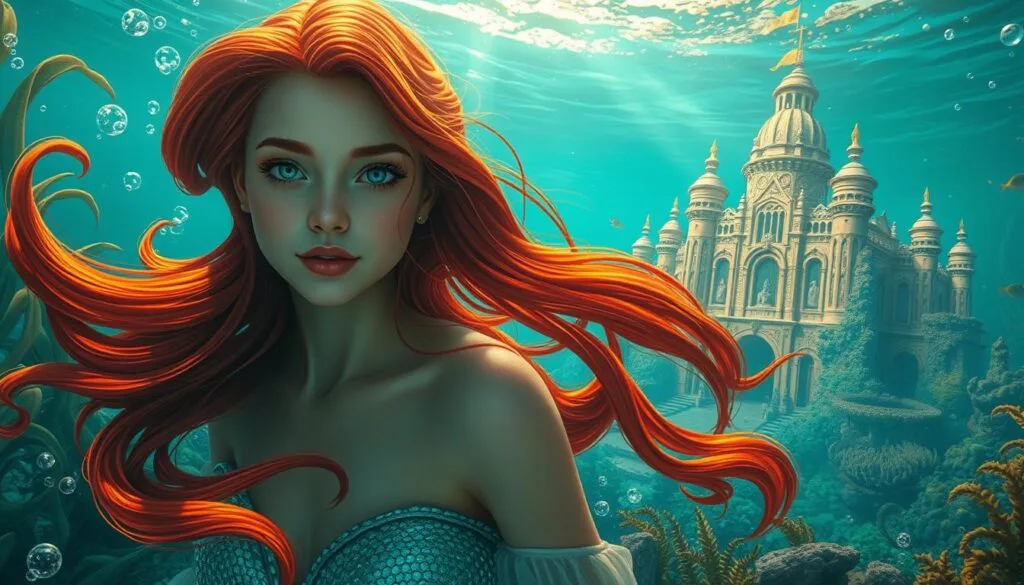 Intricate oceanic scene, featuring a captivating mermaid protagonist, rendered with advanced AI techniques. In the foreground, the mermaid's flowing auburn hair and enchanting features take center stage, captured in vivid detail. The middle ground showcases a vibrant underwater world, with swaying kelp, schools of tropical fish, and shimmering bubbles. In the background, a majestic palace of coral and pearl rises from the depths, its intricate architecture reflecting the mermaid's regal poise. Warm, diffused lighting filters through the water, creating a dreamlike, ethereal atmosphere. The entire composition is imbued with a sense of magic and wonder, perfectly encapsulating the essence of the iconic "Little Mermaid" tale.
