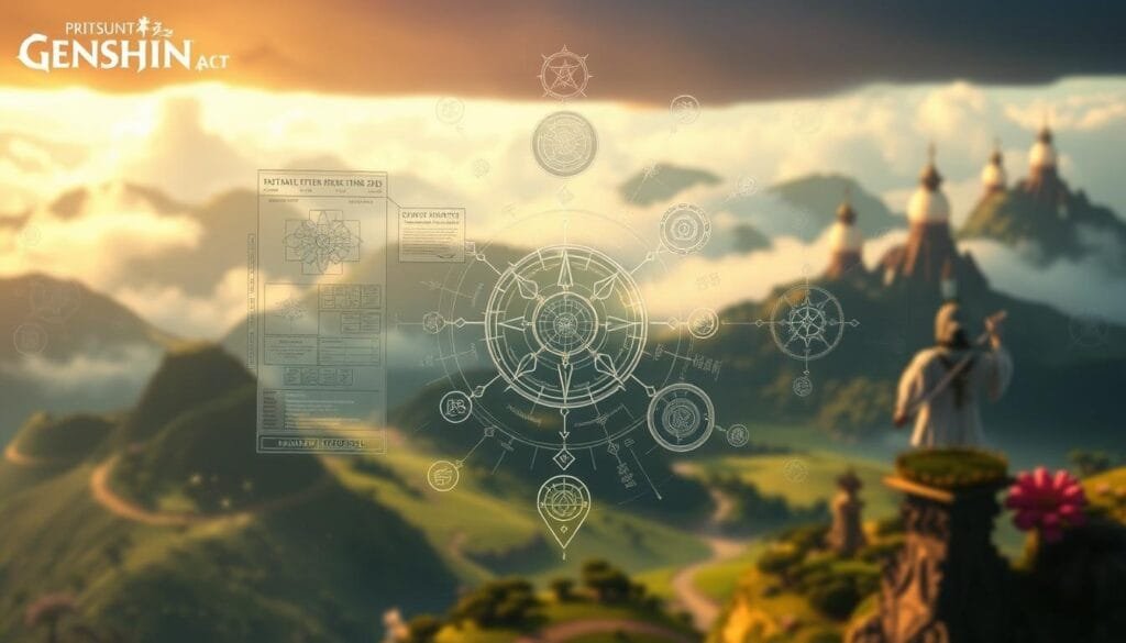 Intricate structure of prompts for Genshin Impact, set against a backdrop of the game's lush, fantastical landscapes. Detailed diagrams and schematics hover in mid-air, illustrating the complex anatomy of effective prompts. Ethereal glyphs and sigils dance around the composition, evoking the mystical energy of the game's world. Warm, natural lighting filters through wispy clouds, casting a dreamlike glow over the scene. The overall mood is one of focused creativity and technical mastery, inviting the viewer to delve deeper into the nuances of prompt engineering for Genshin Impact.