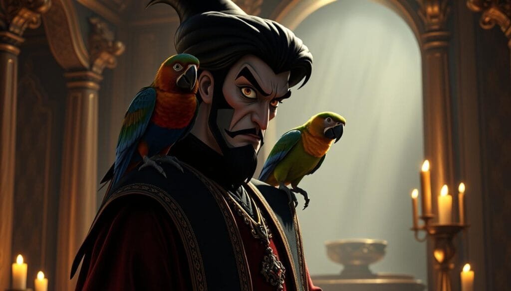 Jafar, the menacing sorcerer, stands tall and imposing, his piercing gaze fixed on the colorful parrot perched on his shoulder. Iago, the mischievous companion, flutters his wings, his beady eyes gleaming with a hint of cunning. The duo is set against a backdrop of a dimly lit, ornate palace chamber, where the shadows cast by flickering candles create an atmosphere of intrigue and foreboding. The warm, golden hues of the scene are punctuated by the cool, mysterious tones of the sorcerer's robes, lending a sense of depth and contrast to the composition. A sense of tension and anticipation permeates the scene, hinting at the villainous machinations that are about to unfold.