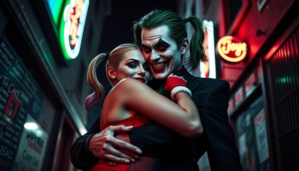 Joker and Harley Quinn, their unbreakable bond in a dynamic, cinematic composition. The Joker, his iconic green hair and twisted grin, stands tall, a glint of madness in his eyes. Harley Quinn, her pigtails and bold red and black attire, clings to him affectionately, her expression a perfect blend of adoration and mischief. The background is a moody, neon-lit Gotham City alleyway, the gritty urban setting contrasting with the couple's electrifying presence. Dramatic lighting casts deep shadows, emphasizing the pair's intensity. The camera angle is slightly low, lending a sense of awe and power to the characters. An atmosphere of danger and unpredictability permeates the scene, capturing the essence of this iconic duo from the DC universe. Joker and Harley Quinn, their unbreakable bond in a dynamic, cinematic composition. The Joker, his iconic green hair and twisted grin, stands tall, a glint of madness in his eyes. Harley Quinn, her pigtails and bold red and black attire, clings to him affectionately, her expression a perfect blend of adoration and mischief. The background is a moody, neon-lit Gotham City alleyway, the gritty urban setting contrasting with the couple's electrifying presence. Dramatic lighting casts deep shadows, emphasizing the pair's intensity. The camera angle is slightly low, lending a sense of awe and power to the characters. An atmosphere of danger and unpredictability permeates the scene, capturing the essence of this iconic duo from the DC universe.