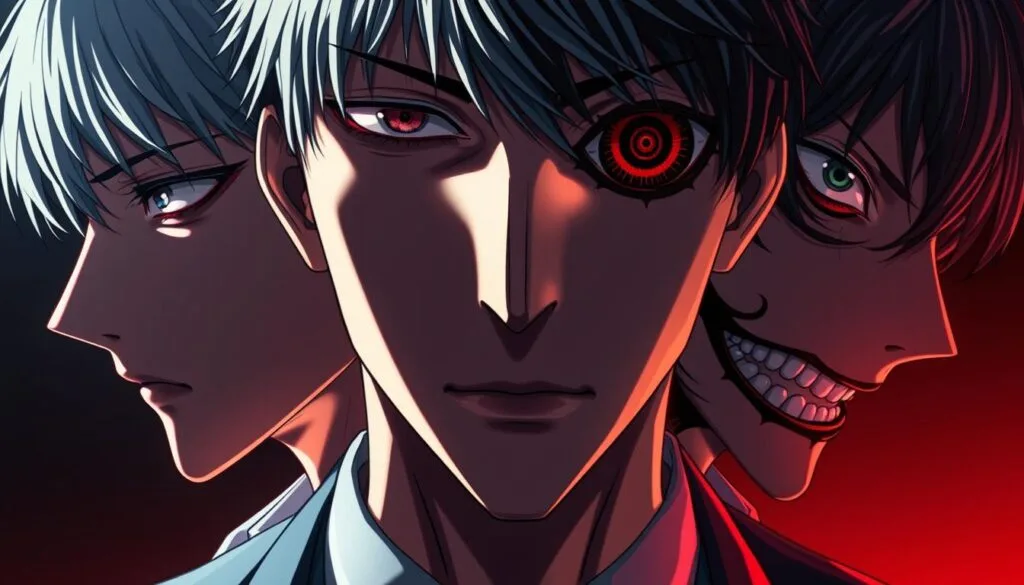 Kaneki Ken, the captivating protagonist of Tokyo Ghoul, in his various transformative stages. A close-up portrait showcasing the intense expressions and subtle details that define each of his personas - from the soft-spoken university student to the tortured half-ghoul, and the menacing One-Eyed King. Dramatic lighting casts dynamic shadows, accentuating the contrast between Kaneki's human and ghoul features. His piercing gaze and determined countenance convey the emotional turmoil of his journey. The image captures the essence of Kaneki's character arc, reflecting the psychological depth and visceral intensity that make him a compelling figure in the world of Tokyo Ghoul.