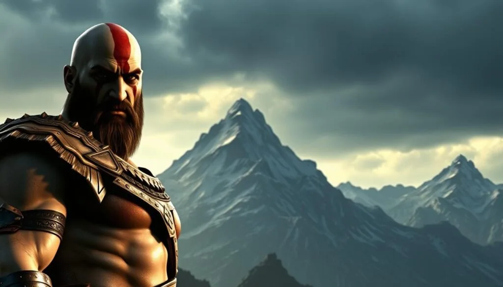 Kratos, the formidable Spartan warrior, stands in the foreground, his muscular frame clad in his iconic battle-worn armor. His weathered face exudes a stoic determination, his intense gaze fixed upon the viewer. In the middle ground, the rugged, snow-capped peaks of the Greek mountains loom, casting long shadows that accentuate the rugged terrain. The sky above is a moody blend of grays and blues, hinting at the turbulent nature of the God of War's world. Diffused lighting casts a warm, dramatic glow upon Kratos, emphasizing his powerful presence and the weight of his legacy. The overall atmosphere conveys a sense of immense scale, power, and the harsh, unforgiving nature of the Greek pantheon's domain.