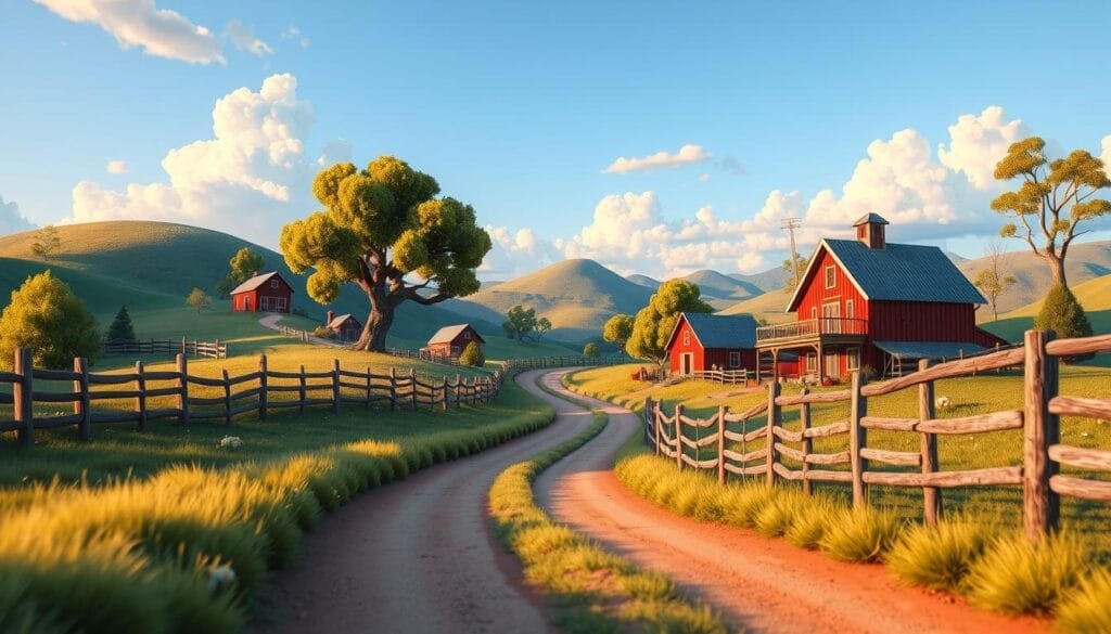 Looney Tunes-inspired vibrant cartoon landscape with lush rolling hills, a winding dirt road, and a cloudless azure sky. Rustic wooden fences, quaint red barns, and whimsical trees dotting the scene. Muted golden hour lighting casts a warm, nostalgic glow. The overall atmosphere is playful, exaggerated, and reminiscent of classic Warner Bros. animation. Camera positioned at a low, dynamic angle to capture the fanciful, exaggerated proportions and whimsical details of the environment. No characters present, focused solely on establishing an authentic Looney Tunes visual aesthetic.