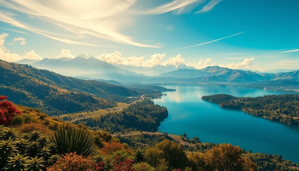 Lush, sprawling landscapes of the Grand Theft Auto world, captured in a serene, photorealistic style. Gently rolling hills dotted with vibrant foliage, framed by towering, snow-capped mountains in the distance. A crystal-clear lake reflects the azure sky, its tranquil surface broken only by the occasional ripple. Warm, golden sunlight filters through wispy clouds, casting a soft, natural glow over the entire scene. The foreground is peppered with richly detailed vegetation, while the middle ground features winding roads and structures characteristic of the GTA universe. The background panorama stretches out to the horizon, creating a sense of depth and scale. An atmospheric, dreamlike quality pervades the entire composition, inviting the viewer to immerse themselves in this idyllic, virtual landscape.