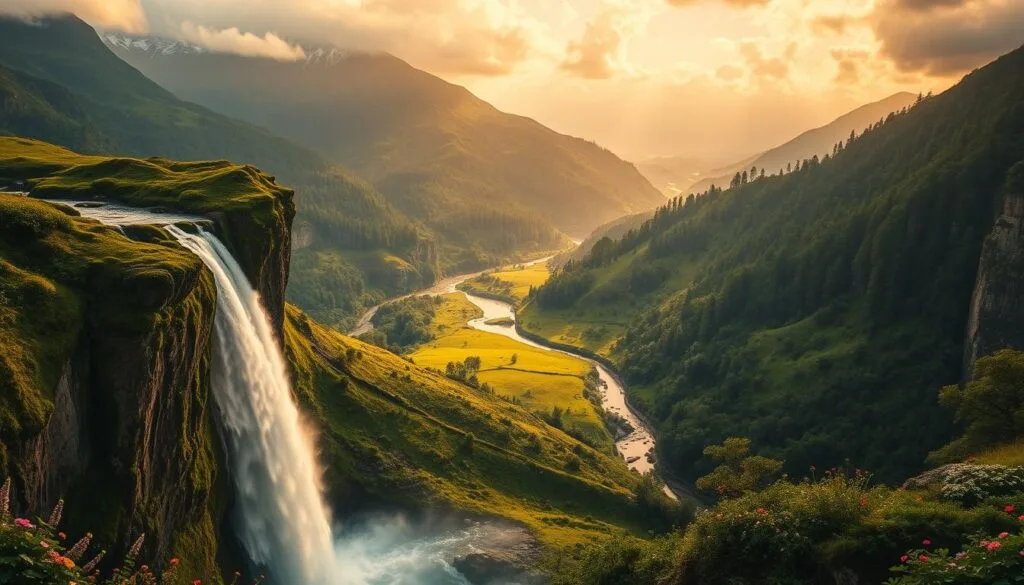 Lush, verdant landscapes of Runaterra unfold before the viewer, a tapestry of towering mountains, winding rivers, and ancient forests. In the foreground, a majestic waterfall cascades over mossy cliffs, its mist creating a shimmering veil. The middle ground features rolling hills dotted with vibrant wildflowers, while in the distance, snow-capped peaks pierce the horizon, bathed in warm, golden light. The scene conveys a sense of timeless wonder, a magical realm untouched by the passage of time. Cinematic in its composition, the image invites the viewer to lose themselves in the captivating beauty of Runaterra's natural splendor.