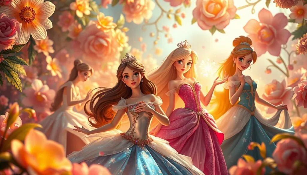 Magical Disney princesses in a vibrant digital art scene, bathed in warm, dreamlike lighting. Intricate floral patterns and shimmering textures create a lush, enchanting atmosphere. Graceful figures strike poses of wonder and imagination, their eyes alight with the spark of artificial intelligence. A serene, fantastical world where technology and fairy tale converge, inviting the viewer to step into a realm of boundless creativity and wonder. Magical Disney princesses in a vibrant digital art scene, bathed in warm, dreamlike lighting. Intricate floral patterns and shimmering textures create a lush, enchanting atmosphere. Graceful figures strike poses of wonder and imagination, their eyes alight with the spark of artificial intelligence. A serene, fantastical world where technology and fairy tale converge, inviting the viewer to step into a realm of boundless creativity and wonder.