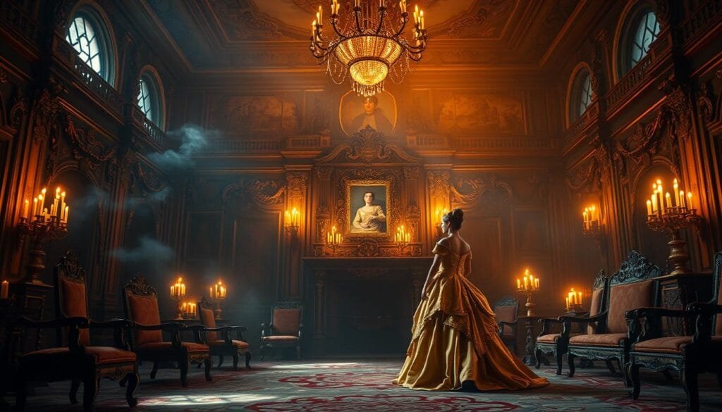 Majestic palace of "La Bella y la Bestia", basked in the warm glow of candlelight. The enchanted rose, its petals slowly falling, casts a ethereal shadow upon the ornate furniture. Belle, in her golden gown, stands in awe before the transformed prince, surrounded by the magical ambiance of the ballroom. Lush, detailed textures, dramatic chiaroscuro lighting, and a sense of enchantment and wonder permeate the scene. Cinematic, romantic, and infused with the timeless spirit of the classic fairy tale.