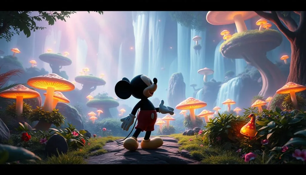 Mickey Mouse in fantastical scenes, exploring dreamlike landscapes with whimsical wonder. A vibrant, cinematic shot of Mickey navigating through a surreal forest, with glowing mushrooms, floating islands, and cascading waterfalls in the background. Soft, diffused lighting creates an ethereal, magical atmosphere, as Mickey gazes upwards in awe, his iconic silhouette standing in the foreground. The scene is rich with imaginative details, inviting the viewer to immerse themselves in a world of boundless creativity and enchantment. Mickey Mouse in fantastical scenes, exploring dreamlike landscapes with whimsical wonder. A vibrant, cinematic shot of Mickey navigating through a surreal forest, with glowing mushrooms, floating islands, and cascading waterfalls in the background. Soft, diffused lighting creates an ethereal, magical atmosphere, as Mickey gazes upwards in awe, his iconic silhouette standing in the foreground. The scene is rich with imaginative details, inviting the viewer to immerse themselves in a world of boundless creativity and enchantment.