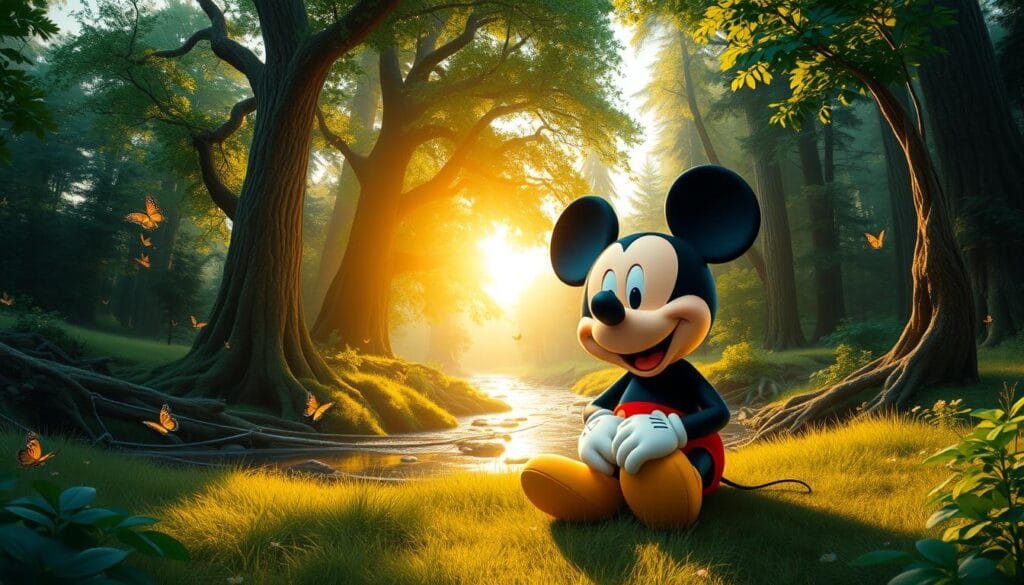 Mickey Mouse sitting in a lush, verdant forest clearing, surrounded by towering trees and a serene, babbling brook. The sun's golden rays filter through the canopy, casting a warm, soft light on Mickey's smiling face. The scene exudes a sense of tranquility and harmony, with Mickey at peace in this natural haven. Butterflies flutter nearby, and the distant chirping of birds adds to the idyllic atmosphere. The composition places Mickey as the focal point, with the natural elements artfully framing him, creating a captivating and whimsical landscape. Mickey Mouse sitting in a lush, verdant forest clearing, surrounded by towering trees and a serene, babbling brook. The sun's golden rays filter through the canopy, casting a warm, soft light on Mickey's smiling face. The scene exudes a sense of tranquility and harmony, with Mickey at peace in this natural haven. Butterflies flutter nearby, and the distant chirping of birds adds to the idyllic atmosphere. The composition places Mickey as the focal point, with the natural elements artfully framing him, creating a captivating and whimsical landscape.