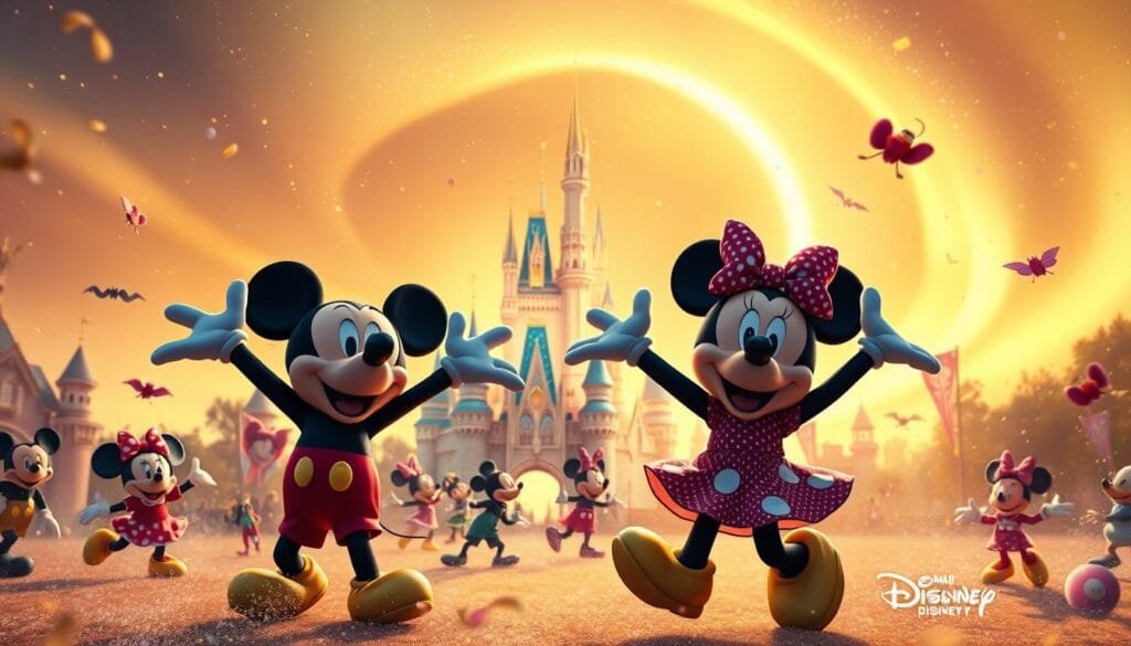 Midjourney Disney magia: a vibrant, whimsical scene of Disney characters and iconography surrounded by a magical, dreamlike atmosphere. In the foreground, Mickey Mouse, Minnie, and other beloved characters dance and frolic amidst swirling particles of pixie dust, their expressions filled with joy and wonder. The middle ground features iconic Disney landmarks like Cinderella's castle, rising majestically against a warm, golden sky. In the background, a shimmering aurora borealis casts a mesmerizing glow, infusing the entire scene with a sense of enchantment and possibility. Soft, diffused lighting creates a sense of warmth and nostalgia, while a wide, cinematic lens captures the expansive, fantastical nature of this Midjourney-crafted Disney world.