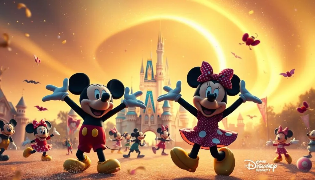 Midjourney Disney magia: a vibrant, whimsical scene of Disney characters and iconography surrounded by a magical, dreamlike atmosphere. In the foreground, Mickey Mouse, Minnie, and other beloved characters dance and frolic amidst swirling particles of pixie dust, their expressions filled with joy and wonder. The middle ground features iconic Disney landmarks like Cinderella's castle, rising majestically against a warm, golden sky. In the background, a shimmering aurora borealis casts a mesmerizing glow, infusing the entire scene with a sense of enchantment and possibility. Soft, diffused lighting creates a sense of warmth and nostalgia, while a wide, cinematic lens captures the expansive, fantastical nature of this Midjourney-crafted Disney world.