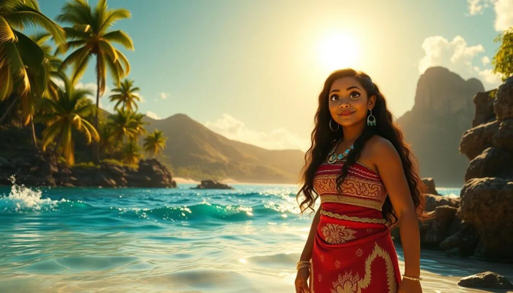 Moana standing on the shores of a tropical island, surrounded by lush palm trees and crystal-clear waters. The sun's golden rays dance across the waves, casting a warm, vibrant glow over the scene. Moana's confident expression reflects her connection to the land and sea as she gazes out towards the horizon. In the background, rolling hills and ancient rock formations lend a sense of adventure and discovery. The image is captured with a wide-angle lens, creating a sense of vast, expansive space. The overall mood is one of exploration, wonder, and a deep respect for the natural world. Moana standing on the shores of a tropical island, surrounded by lush palm trees and crystal-clear waters. The sun's golden rays dance across the waves, casting a warm, vibrant glow over the scene. Moana's confident expression reflects her connection to the land and sea as she gazes out towards the horizon. In the background, rolling hills and ancient rock formations lend a sense of adventure and discovery. The image is captured with a wide-angle lens, creating a sense of vast, expansive space. The overall mood is one of exploration, wonder, and a deep respect for the natural world.