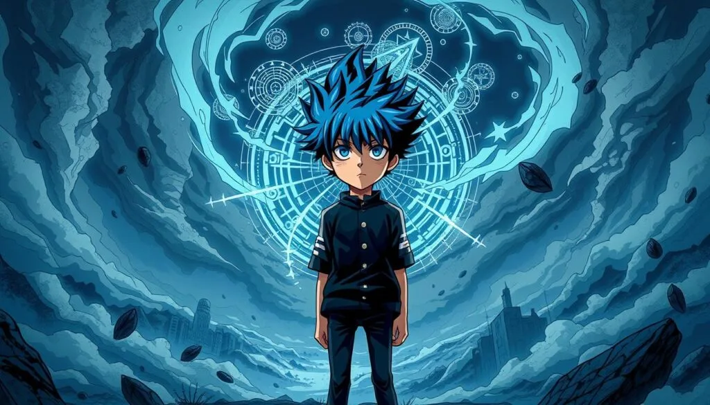 Mob Psycho 100 in the distinctive style of mangaka ONE, rendered in vivid detail. A young boy with striking blue hair and a stoic expression stands at the center, his powerful psychic aura emanating from him. Intricate patterns and geometric shapes dance around him, reflecting the abstract nature of his abilities. The background is a swirling, dreamlike landscape, with hints of urban environments and natural elements blending together. Muted tones of blues, grays, and purples create a contemplative, atmospheric mood. Subtle lighting from an unseen source casts dramatic shadows, adding depth and tension to the scene. The composition is balanced and compelling, drawing the viewer into the captivating world of Mob Psycho 100. Mob Psycho 100 in the distinctive style of mangaka ONE, rendered in vivid detail. A young boy with striking blue hair and a stoic expression stands at the center, his powerful psychic aura emanating from him. Intricate patterns and geometric shapes dance around him, reflecting the abstract nature of his abilities. The background is a swirling, dreamlike landscape, with hints of urban environments and natural elements blending together. Muted tones of blues, grays, and purples create a contemplative, atmospheric mood. Subtle lighting from an unseen source casts dramatic shadows, adding depth and tension to the scene. The composition is balanced and compelling, drawing the viewer into the captivating world of Mob Psycho 100.