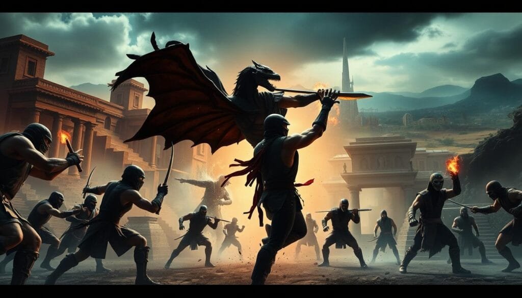 Mortal Kombat in different eras: a gritty, cinematic epic spanning the ages. In the foreground, fearsome warriors clash in a timeless battle of good vs. evil, their visceral kombat choreographed with a dynamic, cinematic flair. The middle ground reveals a shifting historical backdrop, from ancient temple ruins to futuristic cityscapes, each era distinct in its architectural style and lighting. The background panorama encompasses sweeping landscapes, from lush jungles to barren wastelands, creating a sense of grand scope and varied settings. Throughout, a moody, dramatic atmosphere permeates the scene, heightened by dramatic chiaroscuro lighting and a cinematic camera angle that immerses the viewer in the intense, timeless struggle of Mortal Kombat.