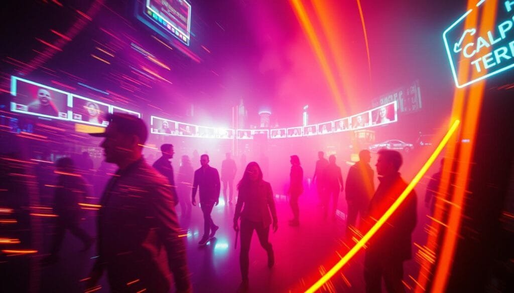 Neon-lit dreamscape of Euphoria: a captivating scene of vibrant hues and pulsing energy. In the foreground, a mesmerizing array of neon lights dance across the frame, casting an ethereal glow on the subjects below. The middle ground reveals the iconic characters of the show, bathed in a kaleidoscope of colors that reflect their complex emotions and inner turmoil. In the background, a hazy, out-of-focus cityscape sets the stage, the neon lights casting long, dynamic shadows that add depth and dimension to the image. The overall mood is one of raw intensity, a visual representation of the show's exploration of the human experience. Captured through a wide-angle lens, the image conveys a sense of immersion, drawing the viewer into the vibrant, captivating world of Euphoria.