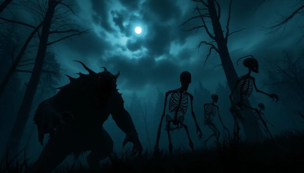 Nightmarish creatures from the dark and fantastical world of The Witcher, lurking in the shadows of a foreboding forest. In the foreground, a hulking, grotesque monster with razor-sharp claws and a gaping maw, its eyes glowing with malevolence. In the middle ground, a pack of skeletal, undead beasts, their bony frames silhouetted against a clouded, moonlit sky. The background is shrouded in a thick mist, hinting at the presence of even more sinister entities, their forms obscured by the gloom. Dramatic lighting casts dramatic shadows, heightening the sense of dread and peril. Captured with a wide-angle lens to emphasize the imposing scale and unsettling atmosphere of this Witcher-inspired nightmare.