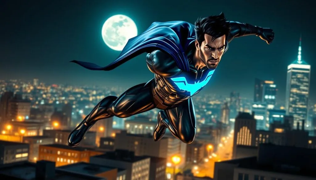 Nightwing en acción: A dynamic figure leaping across the night sky, his blue-winged emblem shimmering in the moonlight. Lithe and agile, he deftly navigates the urban landscape, a blur of motion as he bounds from rooftop to rooftop, cape billowing behind him. Keen eyes scan the streets below, alert for any signs of trouble. The warm glow of streetlights illuminates his chiseled features, a determined expression etched on his face. In the distance, the glittering skyline provides a captivating backdrop, adding a sense of grandeur to his heroic exploits. Crisp, high-contrast lighting accentuates the dynamic angles of his muscular form, frozen in a moment of thrilling action.