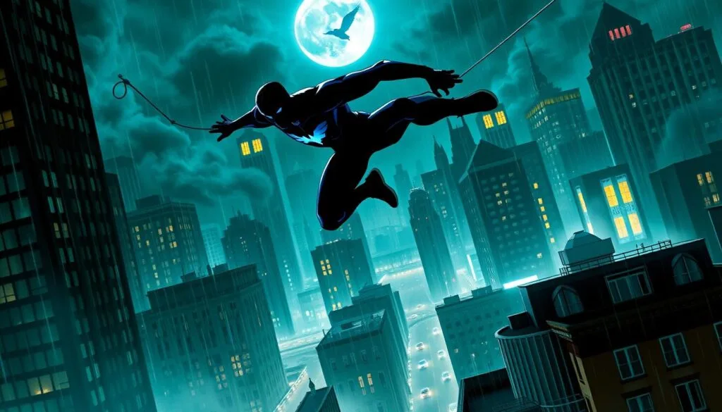 Nightwing, the acrobatic vigilante, leaps across the rooftops of a gritty, neon-lit cityscape. The towering skyscrapers and billowing exhaust create an urban jungle, casting dramatic shadows. Nightwing's lithe figure is silhouetted against the moonlit sky, his signature blue emblem gleaming. Rain patters on the pavement, reflecting the city's vibrant lights. Nightwing's grappling hook shoots out, propelling him forward with precision and grace, as he surveys the streets below for any signs of criminal activity. The scene evokes a sense of danger and excitement, with Nightwing as the guardian of this metropolitan landscape.