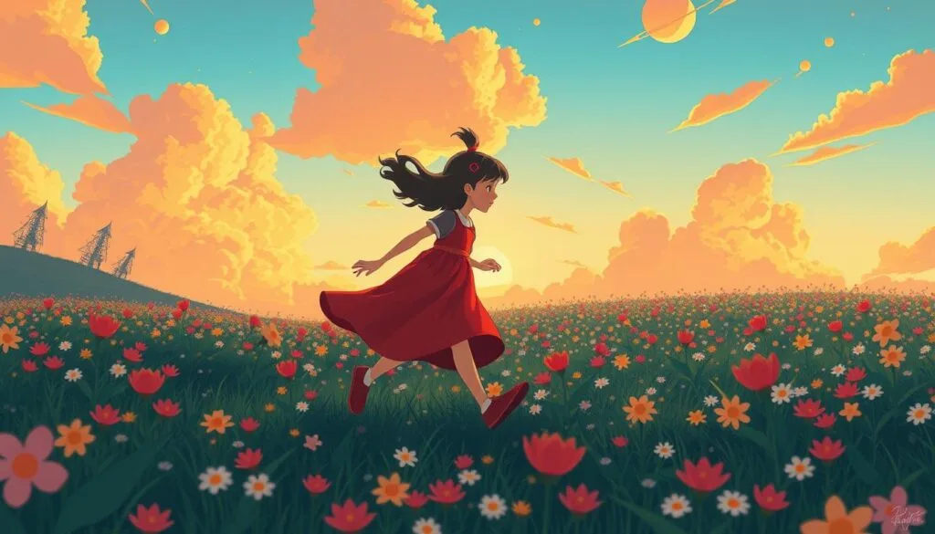 Niña con vestido rojo corriendo en un campo de flores al estilo Studio Ghibli Niña con vestido rojo corriendo en un campo de flores al estilo Studio Ghibli