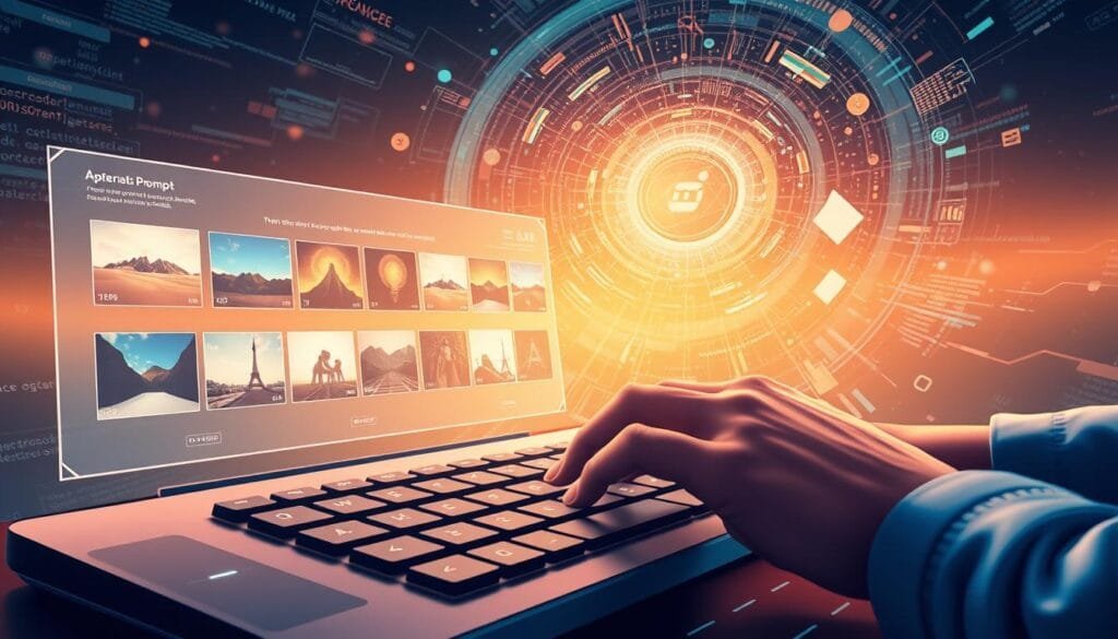 Optimización de prompts para Midjourney: A vibrant digital illustration depicting the process of prompt engineering for the Midjourney AI image generation platform. In the foreground, a hand types meticulously on a futuristic keyboard, crafting the perfect prompt. The mid-ground features a holographic display showcasing various AI-generated images, each with unique visual styles. In the background, a swirling vortex of data, code, and abstract shapes symbolizes the complexity and power of the Midjourney algorithm. Soft, warm lighting bathes the scene, creating a sense of focus and inspiration. The overall mood is one of technological mastery, creative exploration, and the pursuit of visual perfection. Optimización de prompts para Midjourney: A vibrant digital illustration depicting the process of prompt engineering for the Midjourney AI image generation platform. In the foreground, a hand types meticulously on a futuristic keyboard, crafting the perfect prompt. The mid-ground features a holographic display showcasing various AI-generated images, each with unique visual styles. In the background, a swirling vortex of data, code, and abstract shapes symbolizes the complexity and power of the Midjourney algorithm. Soft, warm lighting bathes the scene, creating a sense of focus and inspiration. The overall mood is one of technological mastery, creative exploration, and the pursuit of visual perfection.