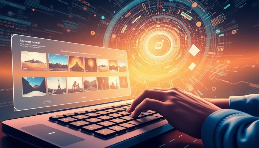 Optimización de prompts para Midjourney: A vibrant digital illustration depicting the process of prompt engineering for the Midjourney AI image generation platform. In the foreground, a hand types meticulously on a futuristic keyboard, crafting the perfect prompt. The mid-ground features a holographic display showcasing various AI-generated images, each with unique visual styles. In the background, a swirling vortex of data, code, and abstract shapes symbolizes the complexity and power of the Midjourney algorithm. Soft, warm lighting bathes the scene, creating a sense of focus and inspiration. The overall mood is one of technological mastery, creative exploration, and the pursuit of visual perfection.