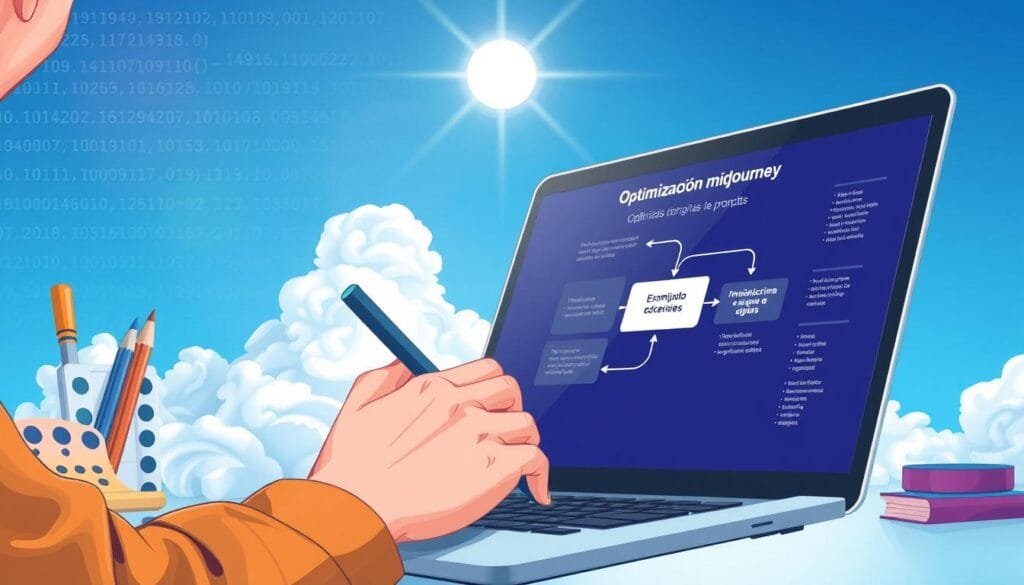 Optimización de prompts para Midjourney Una ilustración digital que muestra una mano escribiendo en una computadora portátil con un fondo de algoritmos y líneas de código. En primer plano, un diseñador gráfico enfocado en su trabajo, rodeado de herramientas de diseño y una paleta de colores. En el centro, un diagrama de flujo que representa el proceso de optimización de prompts, con flechas y notas detalladas. En el fondo, un cielo azul con nubes suaves y un brillo cálido que ilumina la escena. La composición transmite un sentido de enfoque, creatividad y eficiencia en el desarrollo de prompts efectivos para generar imágenes con Midjourney. Optimización de prompts para Midjourney Una ilustración digital que muestra una mano escribiendo en una computadora portátil con un fondo de algoritmos y líneas de código. En primer plano, un diseñador gráfico enfocado en su trabajo, rodeado de herramientas de diseño y una paleta de colores. En el centro, un diagrama de flujo que representa el proceso de optimización de prompts, con flechas y notas detalladas. En el fondo, un cielo azul con nubes suaves y un brillo cálido que ilumina la escena. La composición transmite un sentido de enfoque, creatividad y eficiencia en el desarrollo de prompts efectivos para generar imágenes con Midjourney.