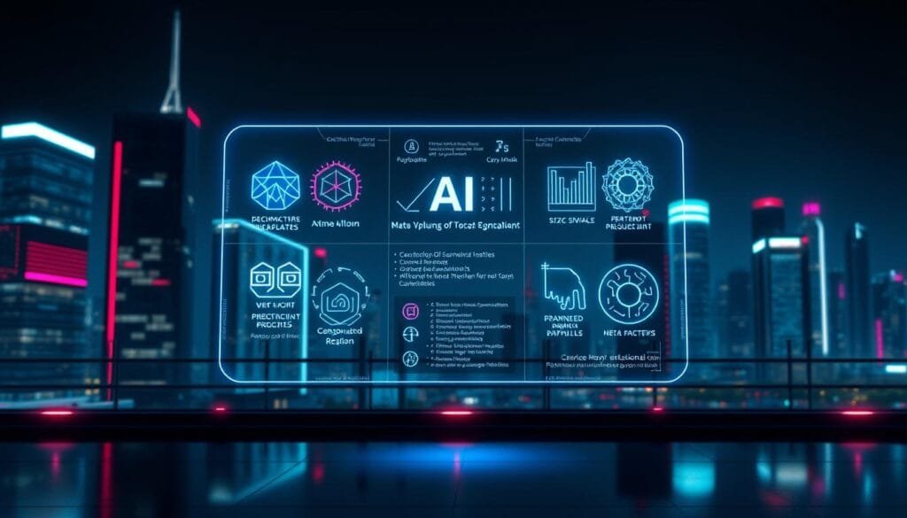 Optimized prompts for different AI platforms, a detailed technical blueprint showcasing various AI models and their unique prompt requirements. Sleek, minimalist cityscape in the background, with a central floating holographic display showcasing the key elements - various AI logos, data visualization graphs, and coding snippets. Vibrant neon accents and reflective surfaces create an immersive, futuristic atmosphere. Dramatic lighting from multiple angles, with a cinematic depth of field, highlights the intricate details. The overall composition conveys a sense of innovation, efficiency, and the endless possibilities of AI-driven image generation.