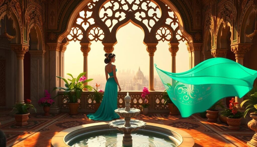 Ornate marble palace of Agrabah, grand arched entryways, intricate mosaic tiled floors. Princesa Jasmine stands in a flowing turquoise gown, radiant in the warm afternoon sunlight streaming through open windows. Delicate gold jewelry adorns her, a serene expression on her face as she gazes wistfully out over the bustling city below. Lush potted plants and exotic flowers line the ornamental balcony, with a serene water fountain in the foreground. Layered architectural details in the background, rich colors and textures throughout, a sense of regal elegance and cultural opulence.