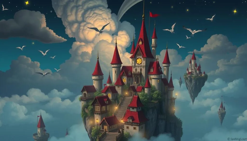 Paisaje de ciudad flotante estilo Ghibli con casas de techos rojos Paisaje de ciudad flotante estilo Ghibli con casas de techos rojos