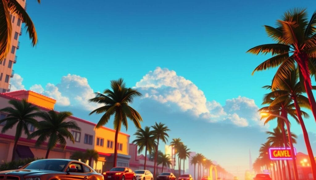 Paisajes urbanos de Los Santos y Vice City: Una mezcla vibrante de rascacielos imponentes, calles bulliciosas y un ambiente de relajación tropical. En el fondo, los cielos cálidos se funden con el horizonte, mientras que en primer plano, los coches deportivos y las palmeras bailan al ritmo de una ciudad que nunca duerme. Iluminada por una luz suave y dorada, la escena captura la esencia de estas icónicas ciudades ficticias, donde la acción y la aventura se entrecruzan con un estilo de vida desenfadado y hedonista.