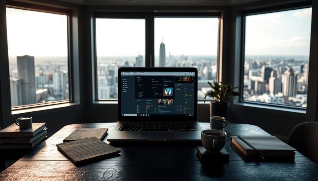 Parámetros Midjourney: una guía visual de alto contraste en una sala de estudio con amplias ventanas. Una laptop abierta muestra una interfaz de usuario de Midjourney en la pantalla, rodeada de notas manuscritas, libros y tazas de café. Una iluminación lateral cálida y un suelo de madera oscura crean una atmósfera de productividad y enfoque. En el fondo, vistas panorámicas de una ciudad moderna. La composición transmite un sentido de exploración y dominio de las herramientas de generación de imágenes por IA. Parámetros Midjourney: una guía visual de alto contraste en una sala de estudio con amplias ventanas. Una laptop abierta muestra una interfaz de usuario de Midjourney en la pantalla, rodeada de notas manuscritas, libros y tazas de café. Una iluminación lateral cálida y un suelo de madera oscura crean una atmósfera de productividad y enfoque. En el fondo, vistas panorámicas de una ciudad moderna. La composición transmite un sentido de exploración y dominio de las herramientas de generación de imágenes por IA.