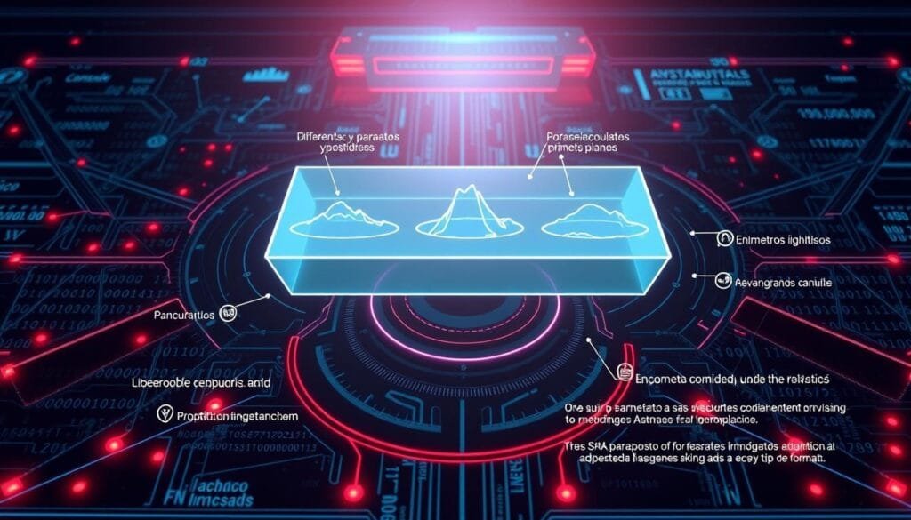 Parámetros técnicos IA para formatos visuales: Un panel de control de alta tecnología flota sobre un fondo de código binario y gráficos vectoriales. Luces de neón delinean formas geométricas que se entrecruzan, creando una atmósfera futurista. En el centro, un holograma 3D muestra diferentes tamaños y proporciones de encuadres, desde panorámicos hasta primeros planos, demostrando la versatilidad de los formatos visuales. Líneas de datos y estadísticas se desplazan alrededor, indicando los parámetros clave para una IA capaz de generar imágenes adaptadas a cada tipo de formato. Parámetros técnicos IA para formatos visuales: Un panel de control de alta tecnología flota sobre un fondo de código binario y gráficos vectoriales. Luces de neón delinean formas geométricas que se entrecruzan, creando una atmósfera futurista. En el centro, un holograma 3D muestra diferentes tamaños y proporciones de encuadres, desde panorámicos hasta primeros planos, demostrando la versatilidad de los formatos visuales. Líneas de datos y estadísticas se desplazan alrededor, indicando los parámetros clave para una IA capaz de generar imágenes adaptadas a cada tipo de formato.