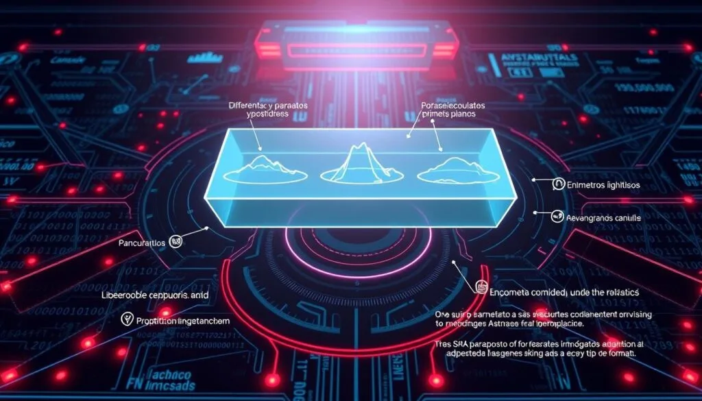 Parámetros técnicos IA para formatos visuales: Un panel de control de alta tecnología flota sobre un fondo de código binario y gráficos vectoriales. Luces de neón delinean formas geométricas que se entrecruzan, creando una atmósfera futurista. En el centro, un holograma 3D muestra diferentes tamaños y proporciones de encuadres, desde panorámicos hasta primeros planos, demostrando la versatilidad de los formatos visuales. Líneas de datos y estadísticas se desplazan alrededor, indicando los parámetros clave para una IA capaz de generar imágenes adaptadas a cada tipo de formato.