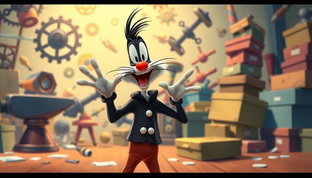 Pato Lucas in a comical scene, standing in a cartoon-like setting with vibrant colors and exaggerated proportions. The foreground features Pato Lucas in his classic outfit, gesturing dramatically with a mischievous expression on his face. The middle ground showcases a chaotic background, with whimsical props and elements of slapstick comedy, such as spinning cogs, falling anvils, and a teetering stack of boxes. The lighting is soft and diffused, creating a dreamlike, animated atmosphere. The overall scene captures the essence of Looney Tunes' signature comedic style, with a focus on Pato Lucas' iconic character and his trademark antics.