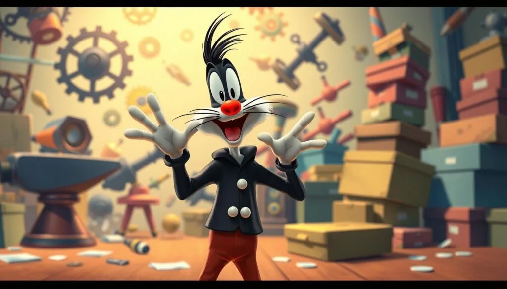 Pato Lucas in a comical scene, standing in a cartoon-like setting with vibrant colors and exaggerated proportions. The foreground features Pato Lucas in his classic outfit, gesturing dramatically with a mischievous expression on his face. The middle ground showcases a chaotic background, with whimsical props and elements of slapstick comedy, such as spinning cogs, falling anvils, and a teetering stack of boxes. The lighting is soft and diffused, creating a dreamlike, animated atmosphere. The overall scene captures the essence of Looney Tunes' signature comedic style, with a focus on Pato Lucas' iconic character and his trademark antics. Pato Lucas in a comical scene, standing in a cartoon-like setting with vibrant colors and exaggerated proportions. The foreground features Pato Lucas in his classic outfit, gesturing dramatically with a mischievous expression on his face. The middle ground showcases a chaotic background, with whimsical props and elements of slapstick comedy, such as spinning cogs, falling anvils, and a teetering stack of boxes. The lighting is soft and diffused, creating a dreamlike, animated atmosphere. The overall scene captures the essence of Looney Tunes' signature comedic style, with a focus on Pato Lucas' iconic character and his trademark antics.