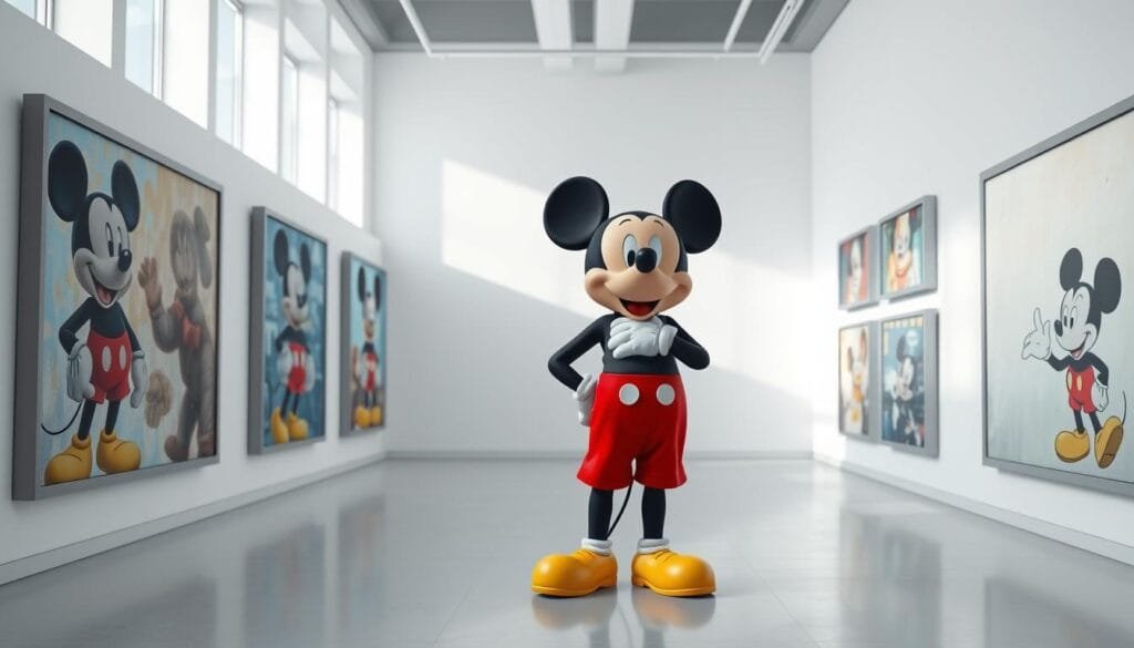 Photorealistic 3D render of Mickey Mouse standing in a modern, well-lit art gallery, surrounded by framed digital paintings of himself. The gallery walls are pristine white, with large windows letting in natural light. Mickey is positioned in the center, dressed smartly in his classic red shorts, yellow shoes, and white gloves. He has a thoughtful, slightly whimsical expression on his face, as if contemplating the artworks. The paintings depict Mickey in various artistic styles, from impressionistic to abstract, showcasing the versatility of AI-generated imagery. The overall scene conveys a sense of celebration and appreciation for the iconic Disney character, brought to life through the power of artificial intelligence. Photorealistic 3D render of Mickey Mouse standing in a modern, well-lit art gallery, surrounded by framed digital paintings of himself. The gallery walls are pristine white, with large windows letting in natural light. Mickey is positioned in the center, dressed smartly in his classic red shorts, yellow shoes, and white gloves. He has a thoughtful, slightly whimsical expression on his face, as if contemplating the artworks. The paintings depict Mickey in various artistic styles, from impressionistic to abstract, showcasing the versatility of AI-generated imagery. The overall scene conveys a sense of celebration and appreciation for the iconic Disney character, brought to life through the power of artificial intelligence.