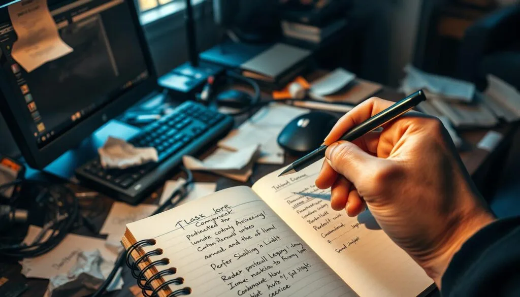 Prompt A cluttered workspace, with a desktop computer, a keyboard, and a mouse, all surrounded by crumpled paper, scattered notes, and a tangle of cables. The lighting is harsh, casting deep shadows and highlighting the disorganized chaos. In the foreground, a person's hand holds a pen, hovering over a notebook filled with scribbled attempts at prompt engineering. The mood is one of frustration and confusion, as the person struggles to find the right combination of words to generate the perfect League of Legends image. The background is blurred, but suggests a dimly lit room, with a hint of a window letting in the fading daylight.