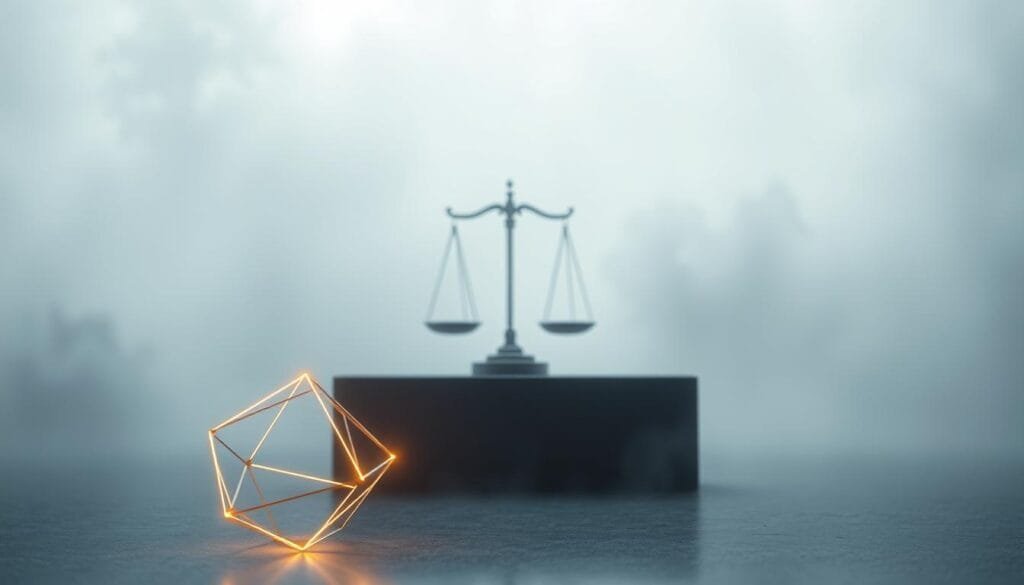 Prompt A contemplative abstract scene depicting the legal and ethical considerations of AI-generated creations. In the foreground, a glowing geometric form representing the intersection of technology and creativity. The middle ground features a balanced scale, symbolizing the need to weigh the benefits and challenges of AI-powered art. The background is shrouded in a pensive, ethereal atmosphere, hinting at the nuanced philosophical questions at the heart of this topic. Soft, diffused lighting casts a thoughtful glow, while a sense of balance and symmetry pervades the composition, inviting the viewer to ponder the complexities of this emerging field.