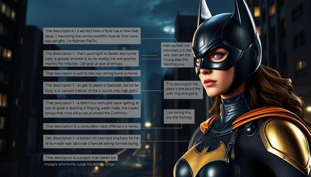Prompt A detailed illustration of common mistakes when creating Batgirl prompts for AI image generation. The foreground features Batgirl herself, her iconic costume and gear rendered with precision. In the middle ground, several text prompts are shown, each highlighting a different error - vague descriptions, overloaded concepts, lack of specificity, improper framing, and more. The background showcases a gritty, Gotham-esque cityscape at night, with moody lighting and deep shadows to set the tone. The overall composition conveys the challenges and learnings involved in crafting effective Batgirl prompts for AI-generated imagery.
