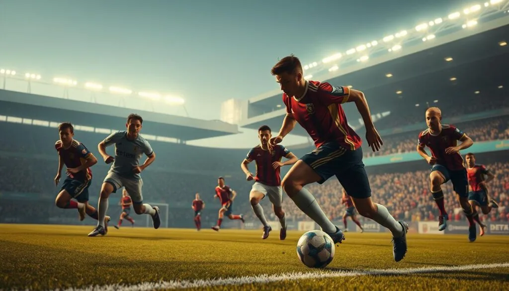 Prompt A dynamic football match unfolding on a meticulously rendered pitch, with players engaged in an intense, high-stakes game. The foreground captures the decisive moments, showcasing players sprinting, tackling, and maneuvering the ball with precision. The middle ground reveals the energy of the crowd, their faces alight with anticipation and excitement. In the background, a detailed stadium looms, its architecture and lighting creating an immersive, cinematic atmosphere. The scene is illuminated by warm, natural lighting, accentuating the dramatic tension and the players' expressions of determination. The overall composition conveys the thrill and unpredictability of a pivotal gameplay sequence in a captivating, visually striking manner.