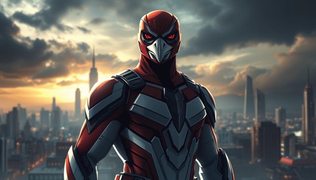 Prompt A realistic illustration of an effective prompt for generating images of Falcon, a popular superhero character. The prompt should showcase a well-lit, detailed portrait of Falcon in the foreground, with a futuristic cityscape in the middle ground and a dramatic, moody sky in the background. Falcon should be depicted in his iconic red and white costume, with a sharp, determined expression on his face. The lighting should create a dynamic, cinematic effect, with shadows and highlights accentuating the hero's muscular physique and the sleek, high-tech details of his suit. The overall atmosphere should convey a sense of power, action, and heroism, reflecting the subject matter of the article section "Prompts para Crear Imágenes de Falcon con IA: Fundamentos Básicos".
