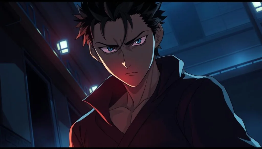 Prompt Oscuro y tenebroso ambiente anime, luces tenues y sombras alargadas. Personaje principal de pie, mirando intensamente con ojos brillantes y expresión seria. Detalles del rostro y cuerpo definidos, ropaje con pliegues y texturas oscuras. Fondo lleno de elementos sombríos, arquitectura retorcida, tonos grises y azulados. Iluminación contrastante, creando atmósfera inquietante y misteriosa. Enfoque preciso en el personaje, desenfoque suave en el fondo. Estética oscura y dramática, perfecta para resaltar la esencia del manga Jujutsu Kaisen.