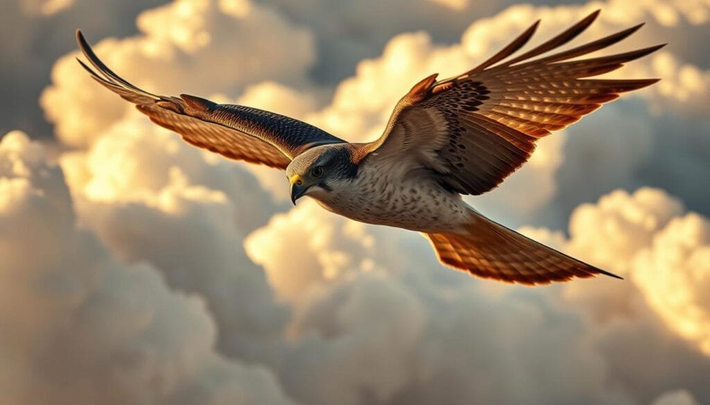 Realistic image of a peregrine falcon soaring gracefully through the sky, its wings outstretched in a majestic display of power and agility. The falcon's feathers glisten in the warm, golden sunlight, casting dynamic shadows against the backdrop of fluffy white clouds. The camera captures the bird's intense gaze, its piercing eyes scanning the horizon for potential prey. The composition emphasizes the falcon's fluid, aerodynamic movements, conveying a sense of effortless motion and control. The scene is crisp, detailed, and highly photorealistic, immersing the viewer in the natural splendor of this magnificent avian predator.