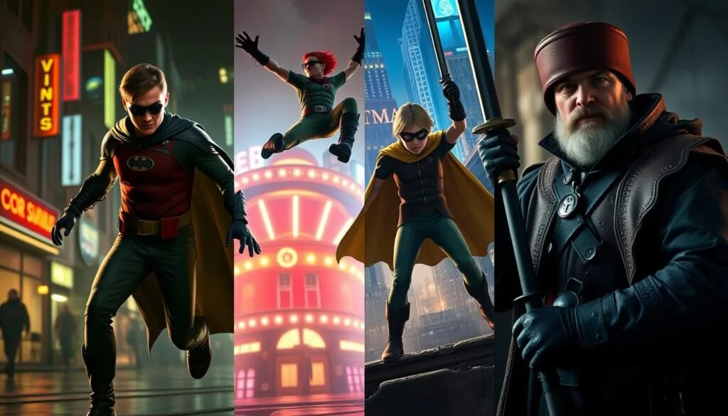 Robin in different eras and contexts: a heroic vigilante in the gritty streets of Gotham City, an acrobatic circus performer in the vibrant 1920s, a rebel fighter in a dystopian cyberpunk future, a medieval squire in a fantastical realm. Capturing the iconic character in diverse settings, the scene showcases Robin's adaptability and enduring legacy, his youthful spirit and unwavering determination shining through each iteration. Dramatic lighting, cinematic camera angles, and an evocative color palette bring to life the varied backdrops, from neon-soaked cityscapes to lush pastoral landscapes. This visually captivating image embodies the rich storytelling potential of the beloved sidekick, inviting the viewer to imagine the countless adventures that lie ahead. Robin in different eras and contexts: a heroic vigilante in the gritty streets of Gotham City, an acrobatic circus performer in the vibrant 1920s, a rebel fighter in a dystopian cyberpunk future, a medieval squire in a fantastical realm. Capturing the iconic character in diverse settings, the scene showcases Robin's adaptability and enduring legacy, his youthful spirit and unwavering determination shining through each iteration. Dramatic lighting, cinematic camera angles, and an evocative color palette bring to life the varied backdrops, from neon-soaked cityscapes to lush pastoral landscapes. This visually captivating image embodies the rich storytelling potential of the beloved sidekick, inviting the viewer to imagine the countless adventures that lie ahead.