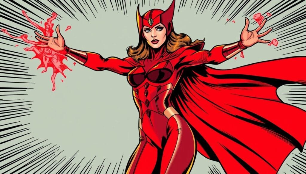 Scarlet Witch in classic comic book style, standing in a dramatic pose with arms outstretched, her crimson energy emanating from her fingertips. Intricate details in her costume - the iconic headpiece, flowing cape, and body suit with hexagonal patterns. Lighting from a single dramatic source, casting deep shadows and highlights to accentuate the heroine's powerful expression. Detailed comic book-inspired background with bold linework, gradients, and textures to evoke the aesthetic of vintage Marvel illustrations. Conveying a sense of dynamic motion and mystical energy, capturing the essence of Scarlet Witch's classic comic book depiction.